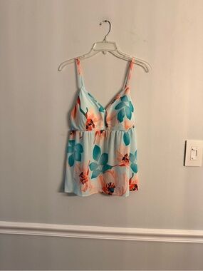Candie's Light Blue Floral V-Neck Spaghetti Strap Tank with Coral Accents